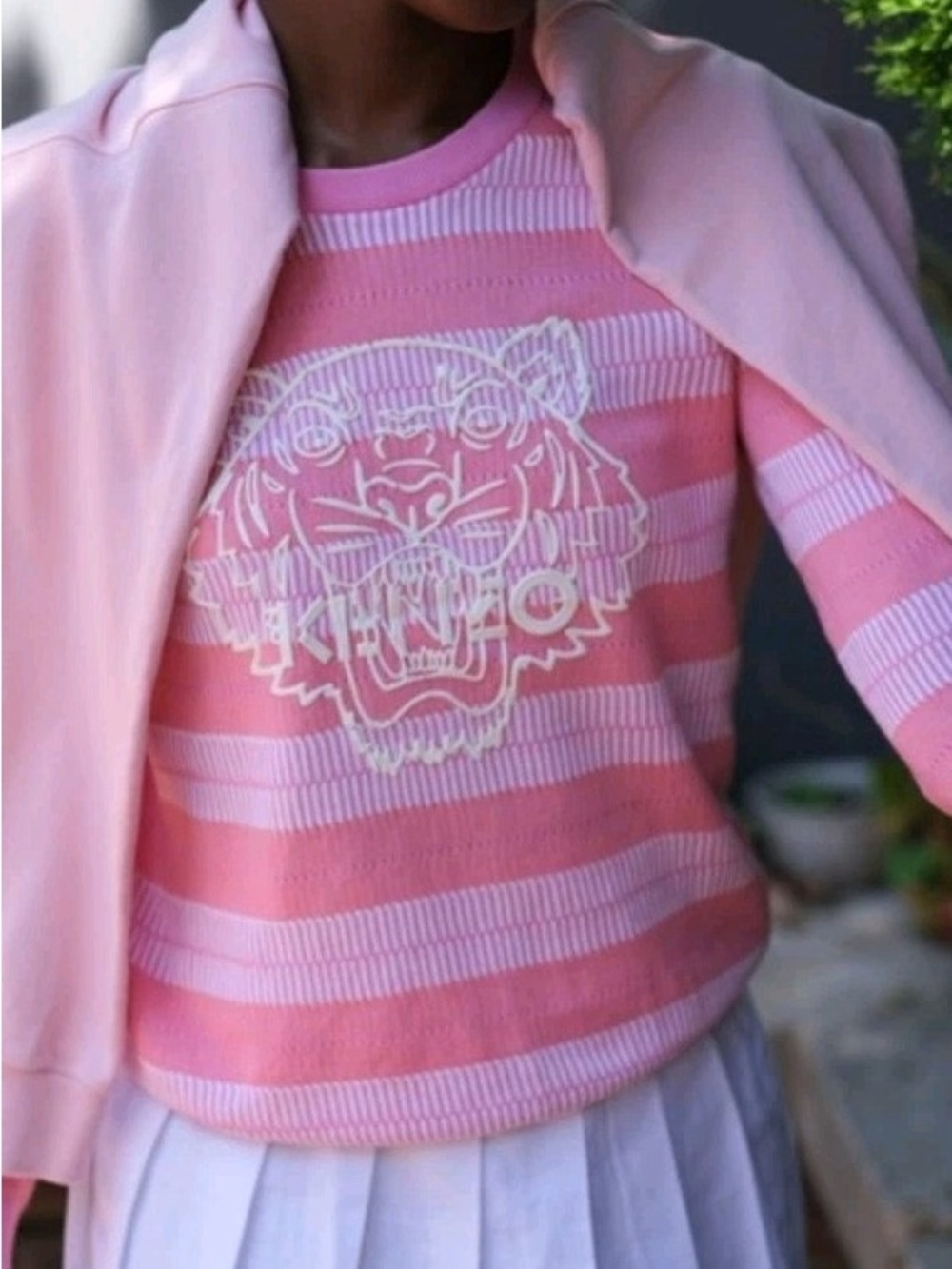 Kenzo Pink and Light Pink Striped Tiger-Logo Crewneck Sweater
